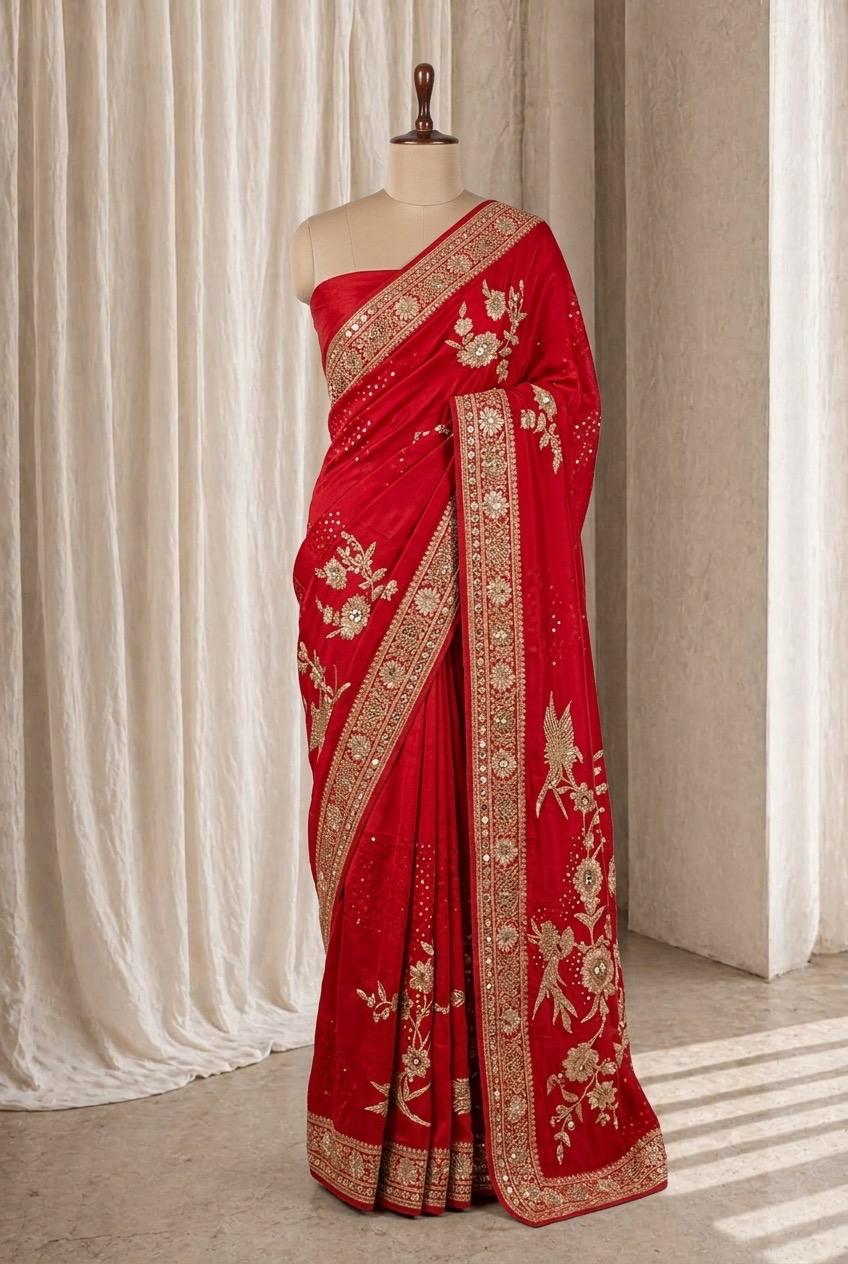 Gorgeous Crepe Silk Fabric and Red Color Swarovski Work Saree