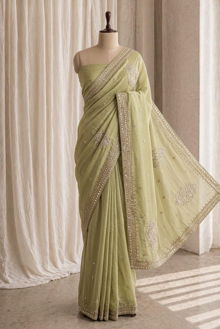 Standard Banarasi Silk Fabric and Pastel Green Color Zardozi Work Saree