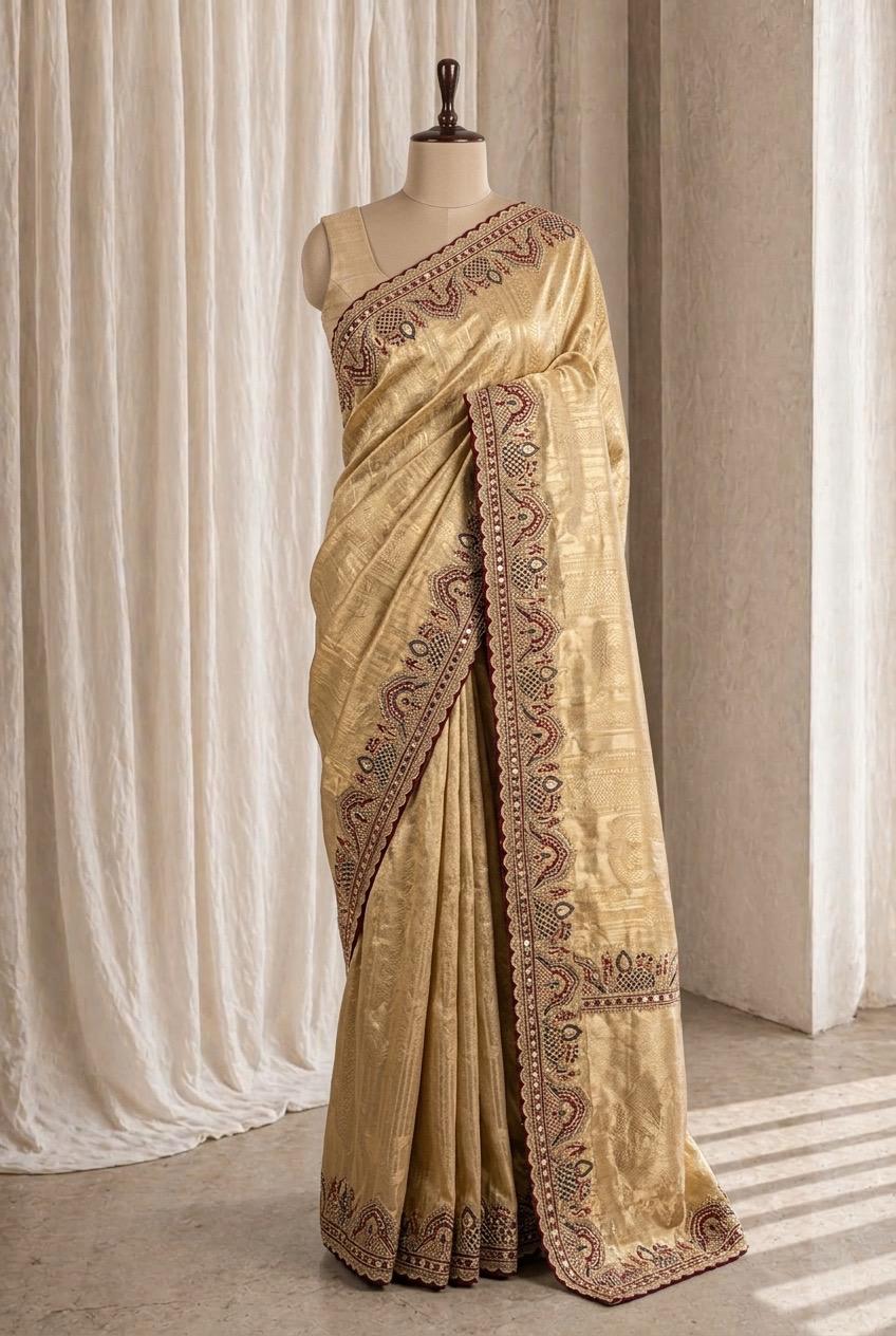 Premium Banarasi Silk Fabric and Gold Color Kasab Work Saree