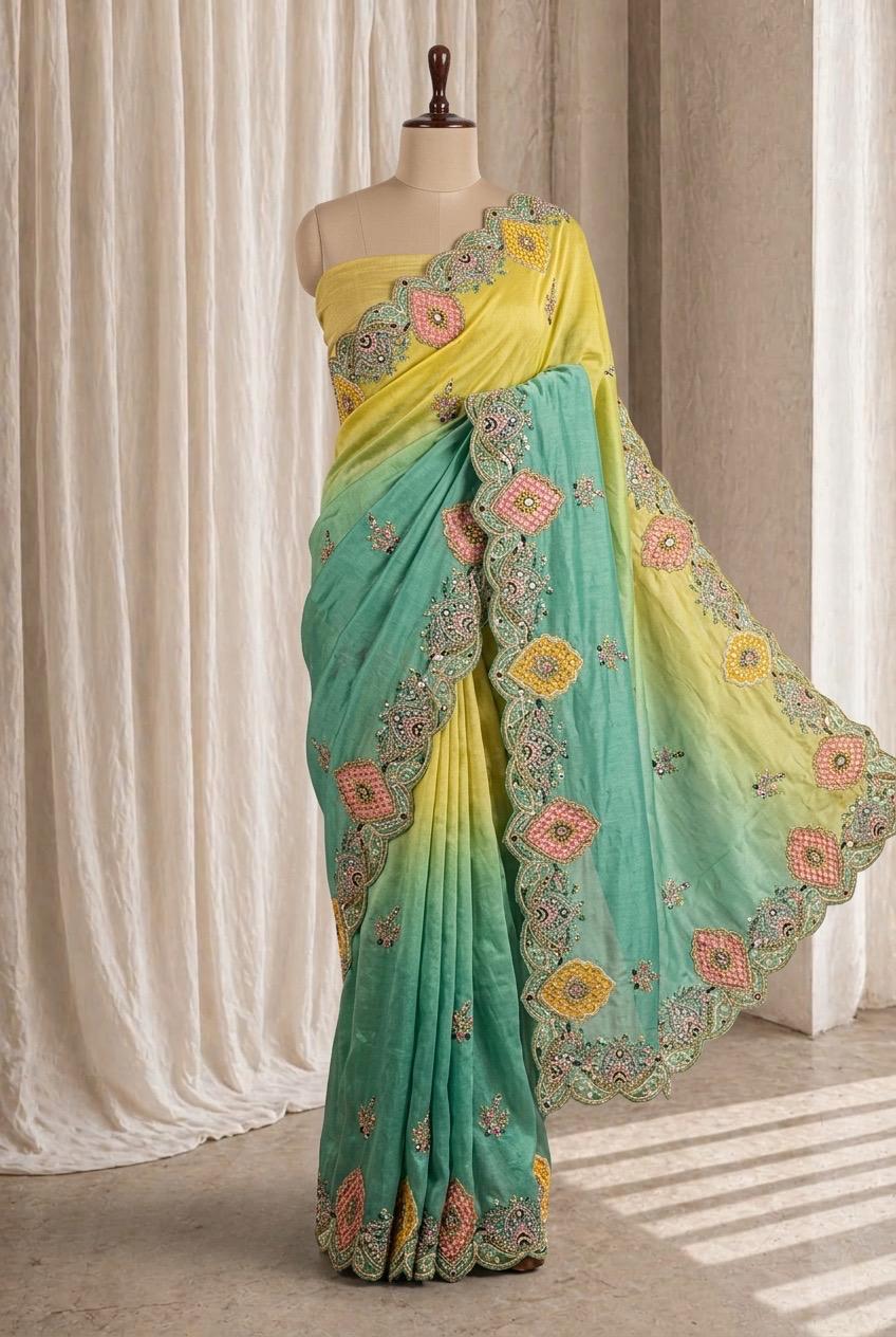 Traditional Banarasi Silk Fabric and Lime Green Color Applique Work Saree