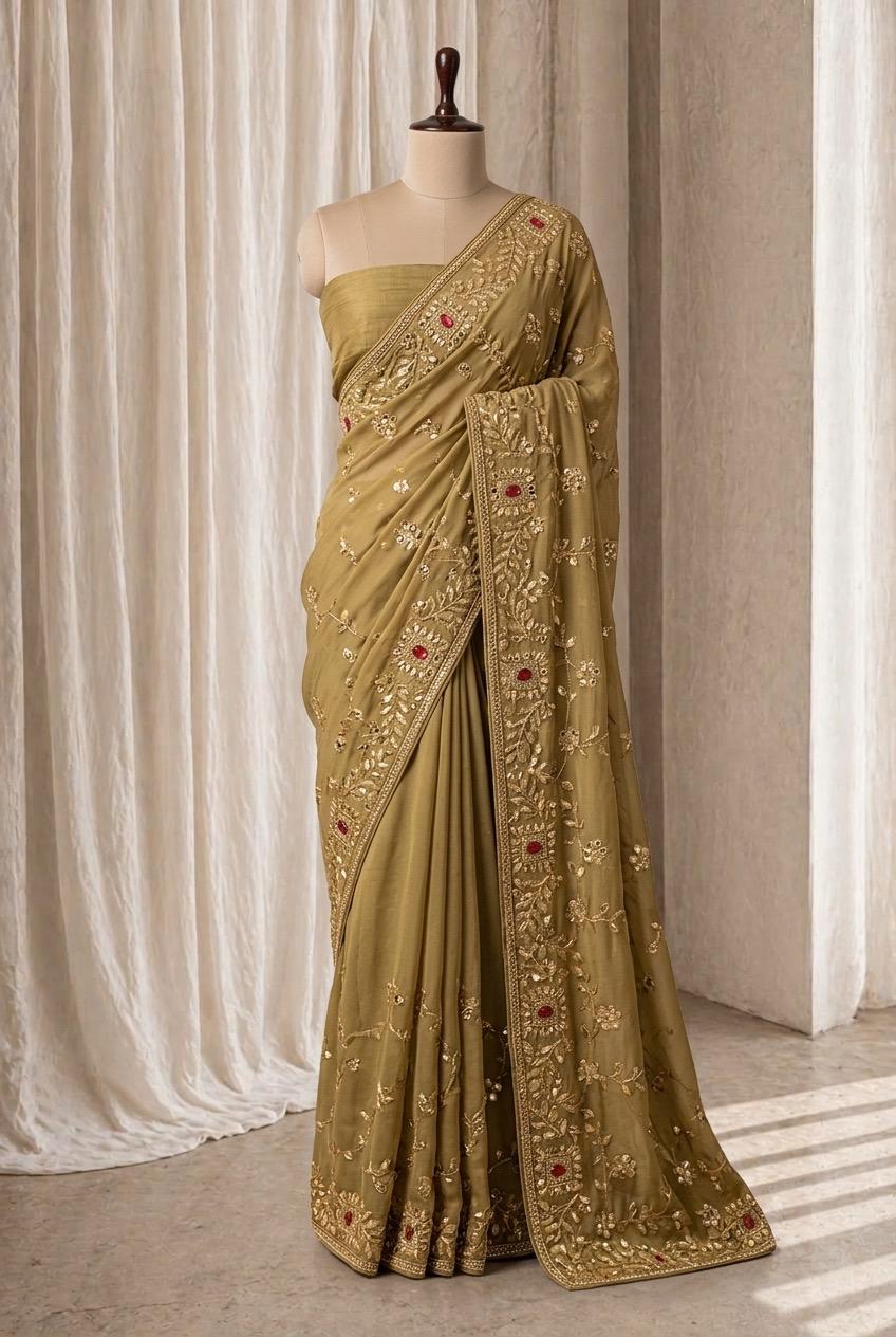 Fabulous Banarasi Brocade Silk Fabric and Wine Color Swaroski Work Saree