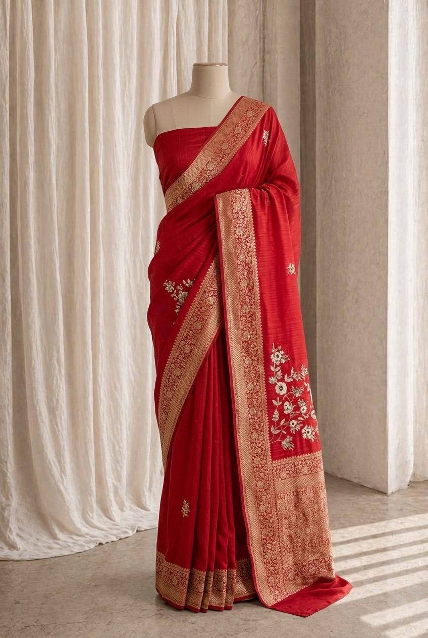 Classical Banarasi Silk Fabric and Red Color Sequins Work Saree