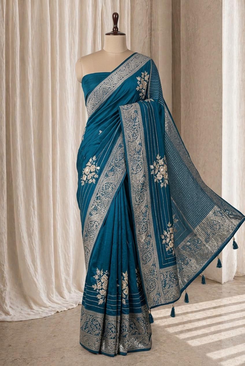 Capital Crepe Silk Fabric and Blue Color Cut Dana Work Saree