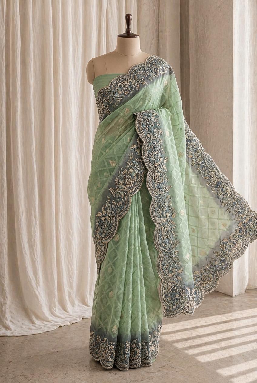 Fantabulous Banarasi Silk Fabric and Pastel Green Color Kasab Work Saree