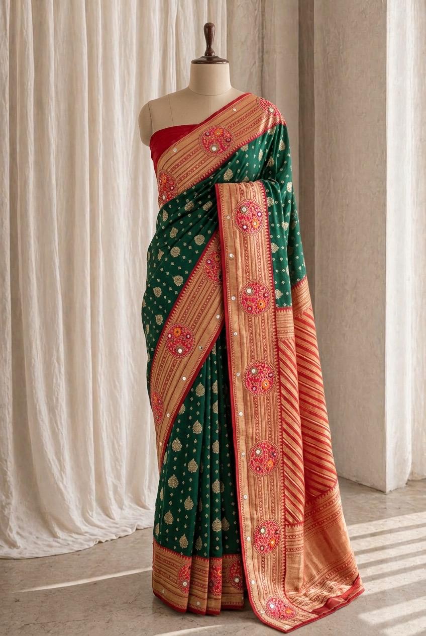 First-rate Banarasi Silk Fabric and Green Color Mirror Work Saree