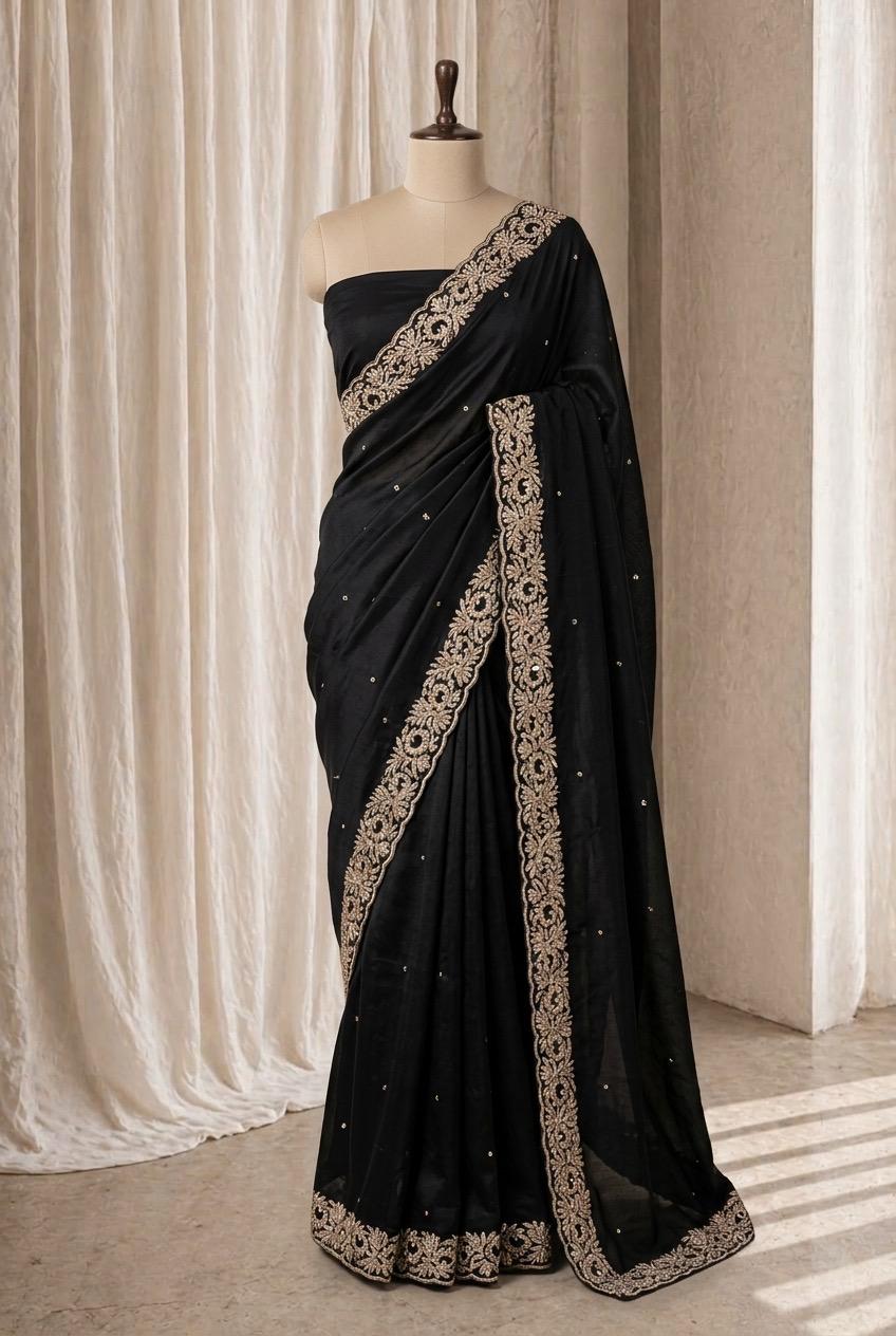First-class Crepe Silk Fabric and Black Color Diamond Work Saree