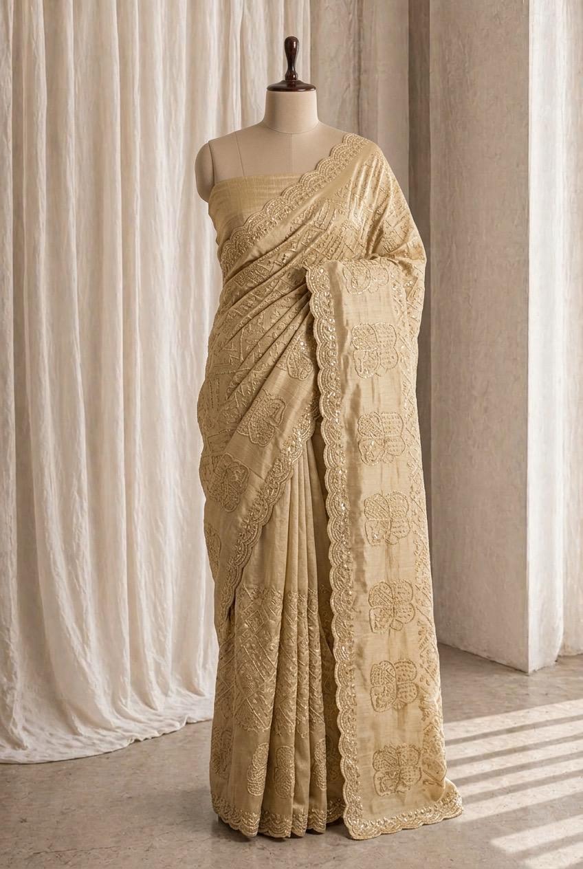 Heavenly Banarasi Silk Fabric and Beige Color Mirror Work Saree