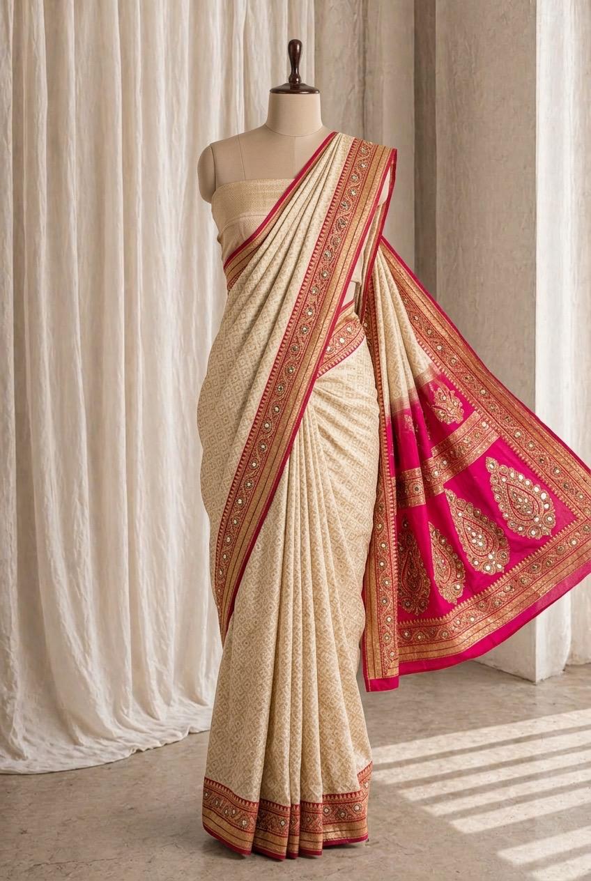 Classic Banarasi Silk Fabric and Beige Color Mirror Work Saree