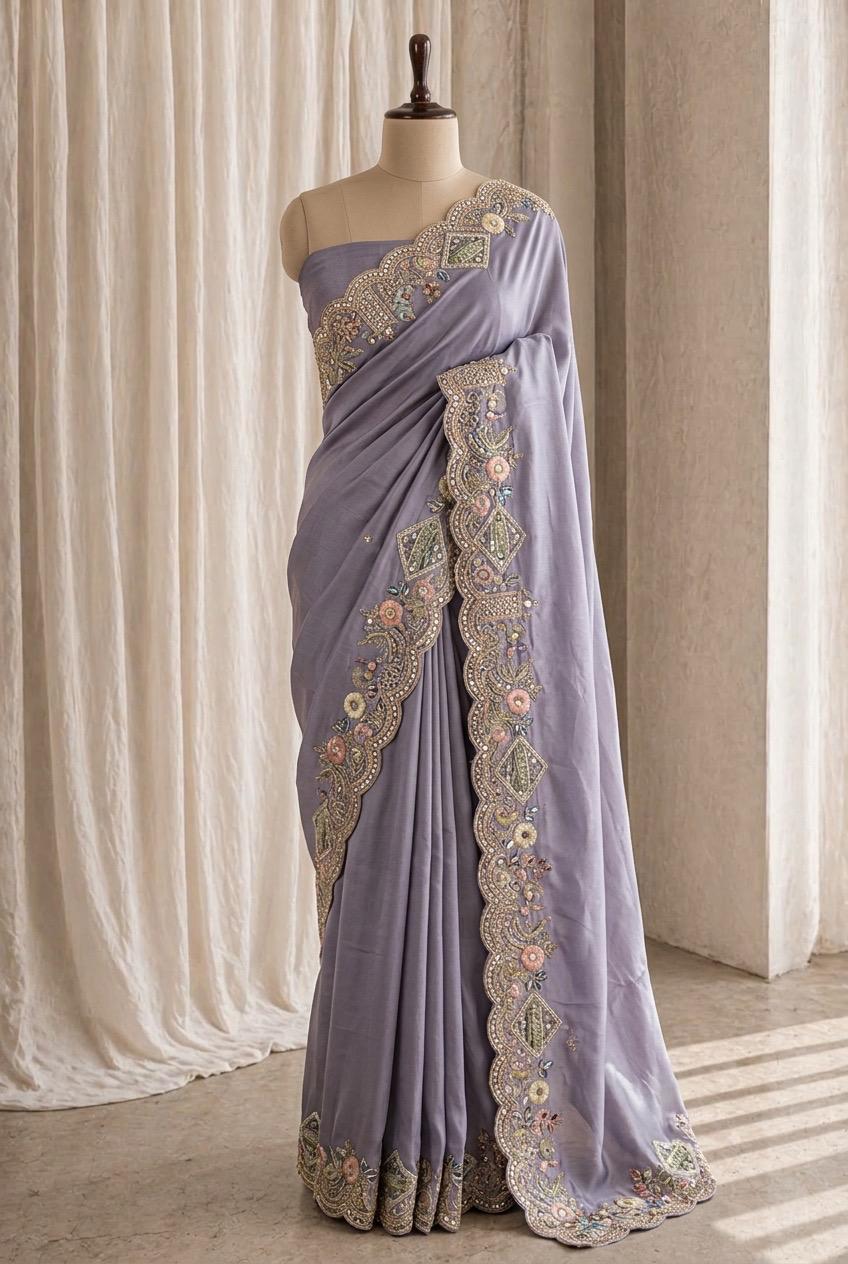 Marvelous Crepe Silk Fabric and Lavender Color Thread Work Saree
