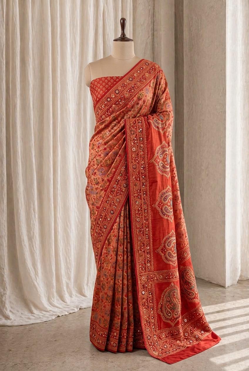 Superb Banarasi Silk Fabric and Red Color Cut Dana Work Saree