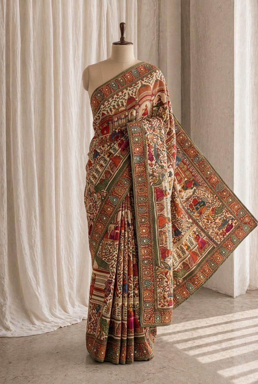 Fantastic Pashmina Silk Fabric and Beige Color Thread Work Saree