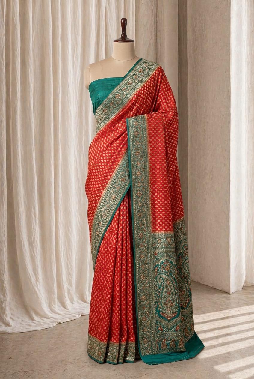 Great Banarasi Brocade Fabric and Red Color Moti Work Saree