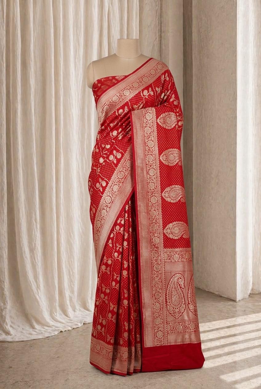 Fabulous Banarasi Brocade Fabric and Red Color Weaving Print Saree