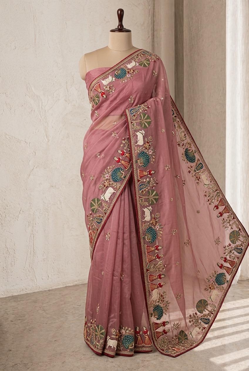Beautifies Crepe Silk Fabric and Pink Color Kasab Work Saree