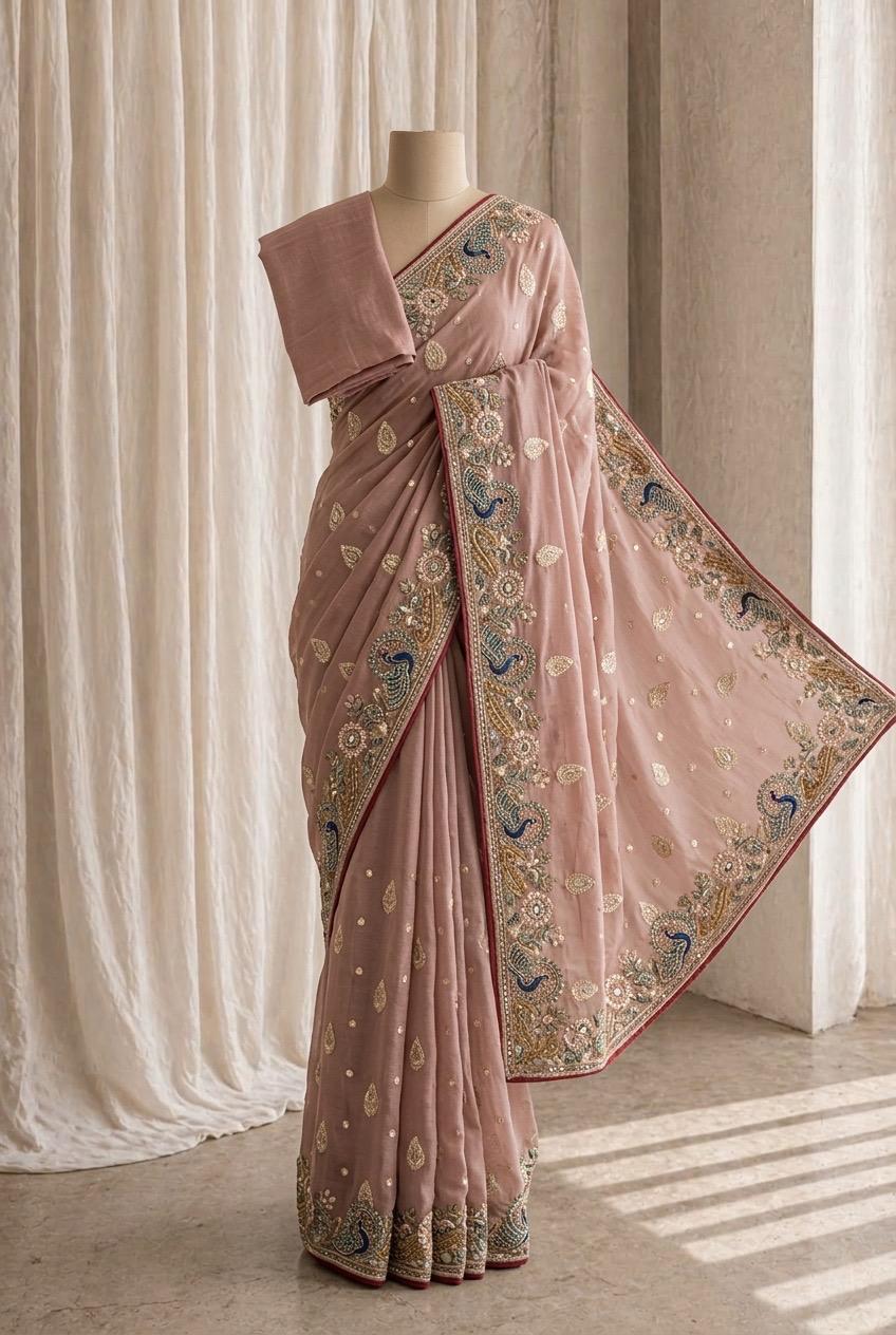 Awesome Banarasi Tissue Fabric and Pastel Pink Color Kasab Work Saree
