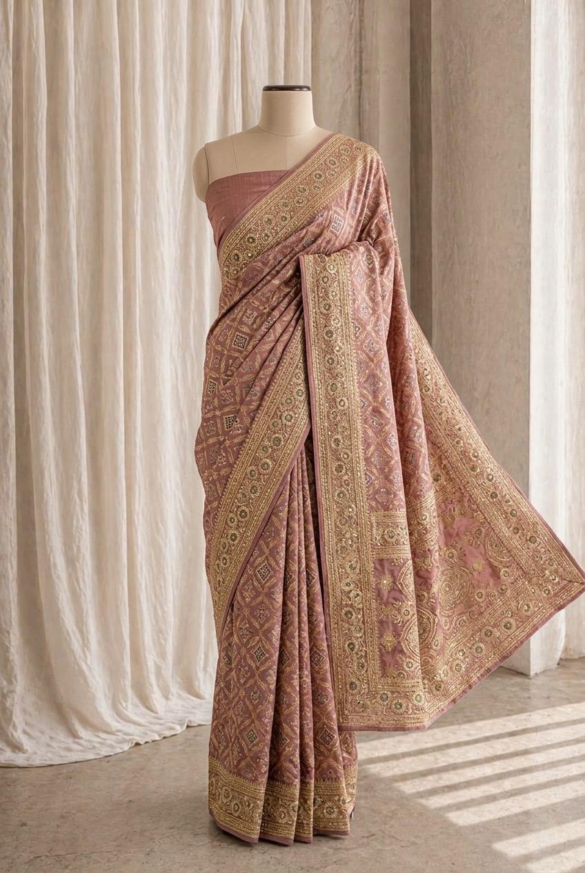 Excellent Banarasi Brocade Fabric and Pastel Peach Color Swarovski Diamond Work Saree