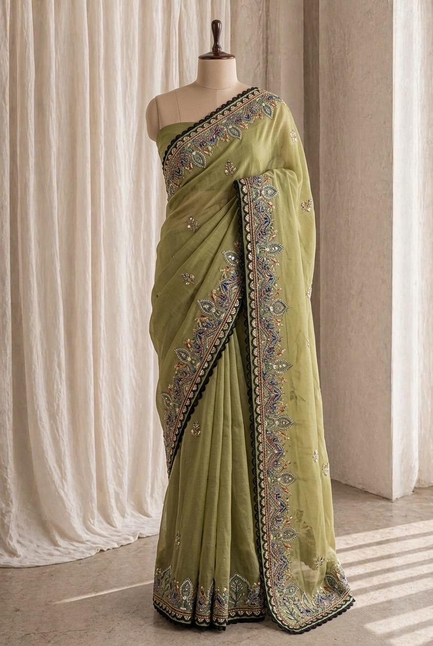 Wonderful Banarasi Brocade Fabric and Pastel Green Color Kasab Work Saree