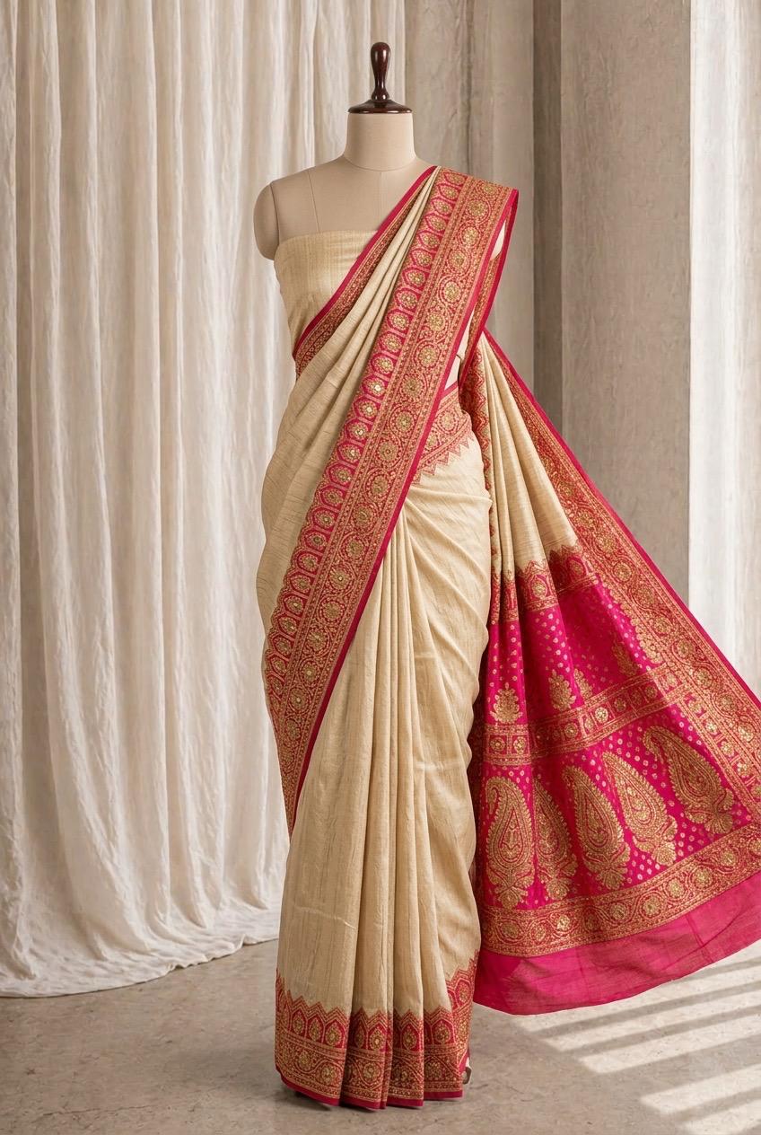 Glamorous Banarasi Brocade Fabric and Beige Color Cut Dana Work Saree