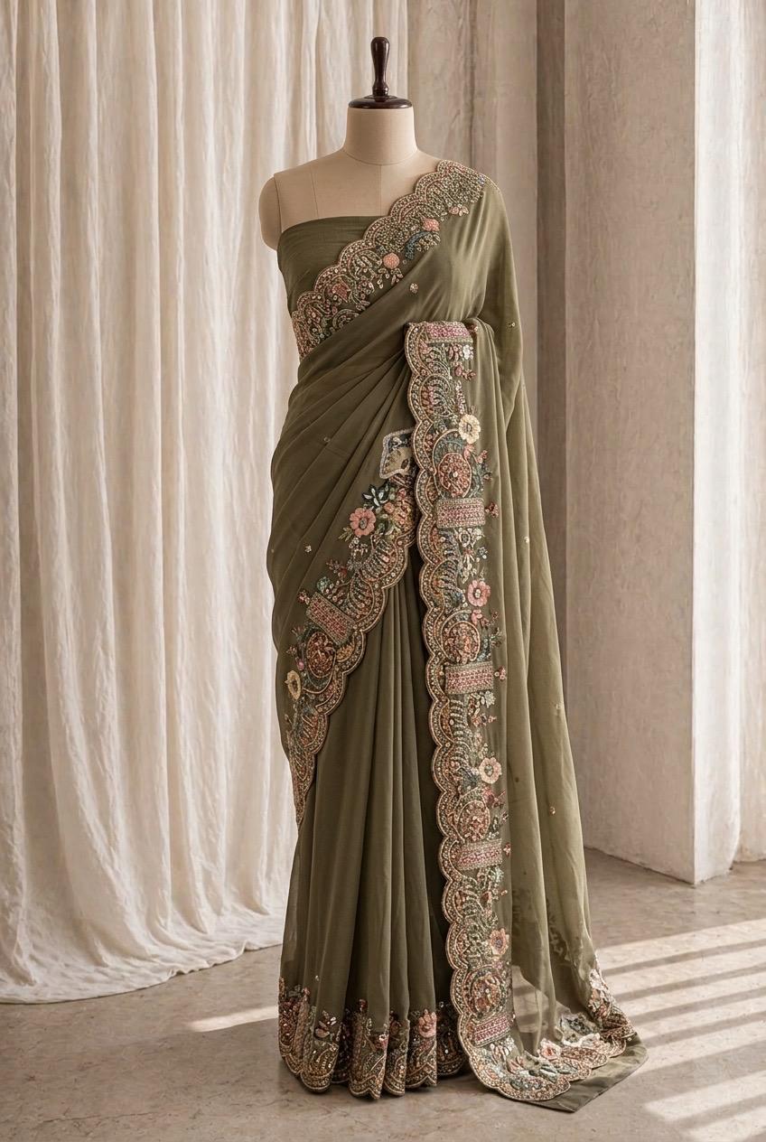 Pleasant Organza Fabric and Green Color Dori Work Saree