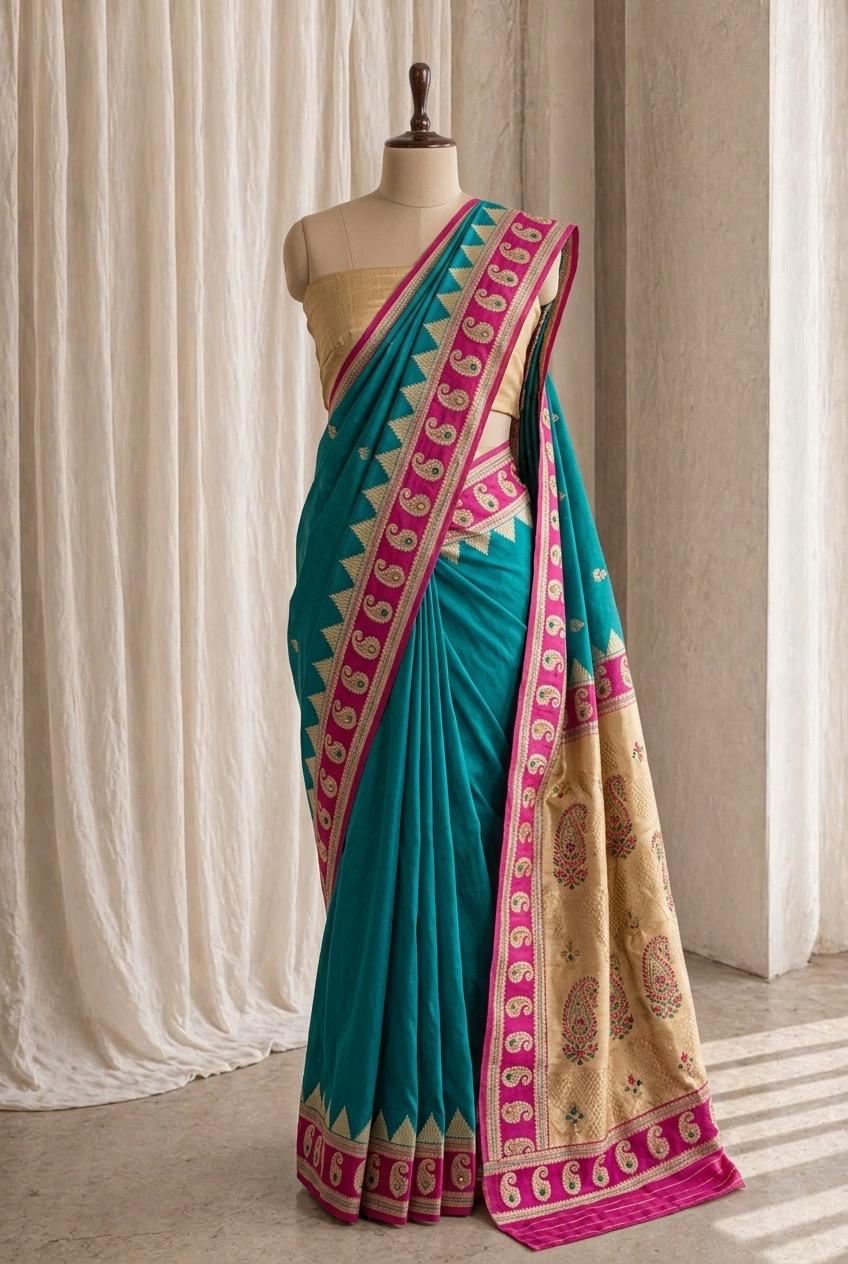 Superb Soft Silk Fabric and Aqua Fuchsia Color Zardozi Work Saree