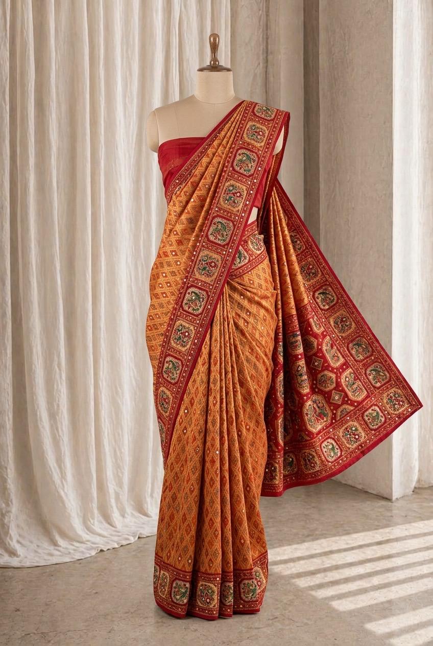 Likely Banarasi Brocade Silk Fabric and Red Orange Color Diamond Work Saree