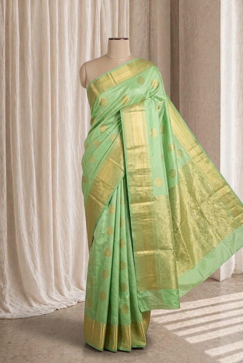 Perfect Banarasi Brocade Silk Fabric and Lime Green Color Weaving Print Saree