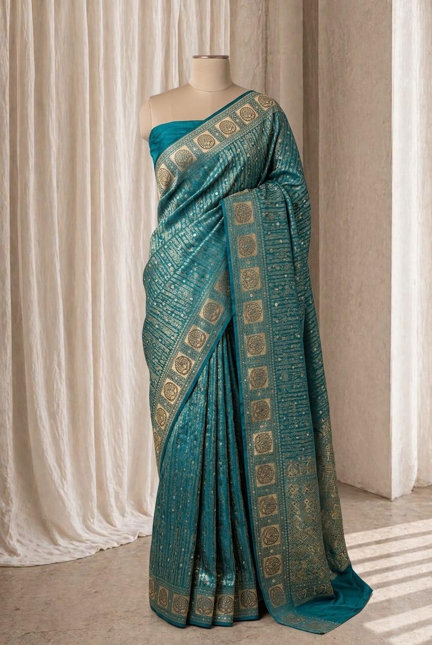 Good-looking Banarasi Brocade Silk Fabric and Aqua Color Cut Dana Work Saree