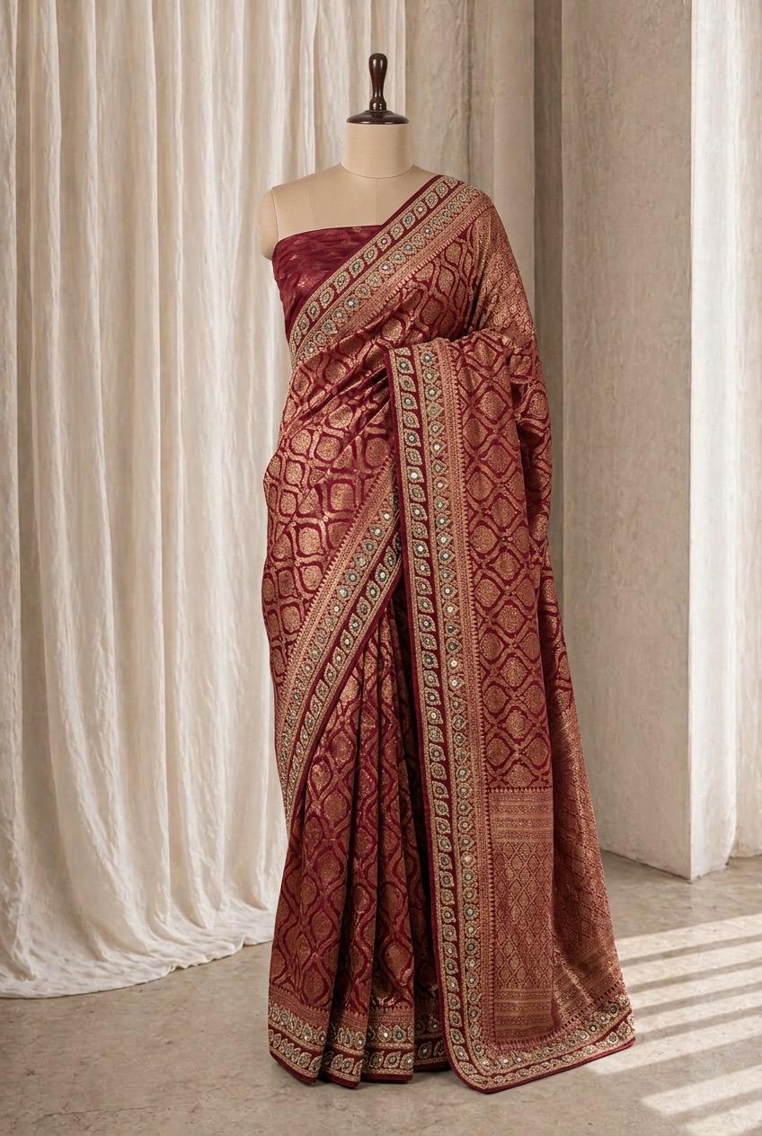 Ravishing Banarasi Brocade Silk Fabric and Wnie Color Diamond Work Saree