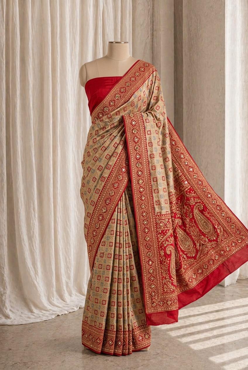 Magnificent Banarasi Brocade Silk Fabric and Rani Color Cut Dana Work Saree