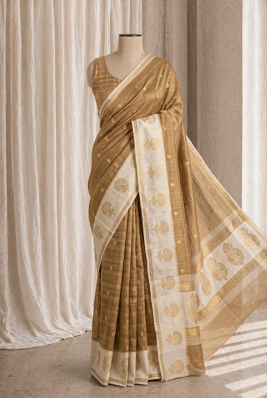 Glorious Banarasi Brocade Silk Fabric and Gold Color Weaving Print Saree