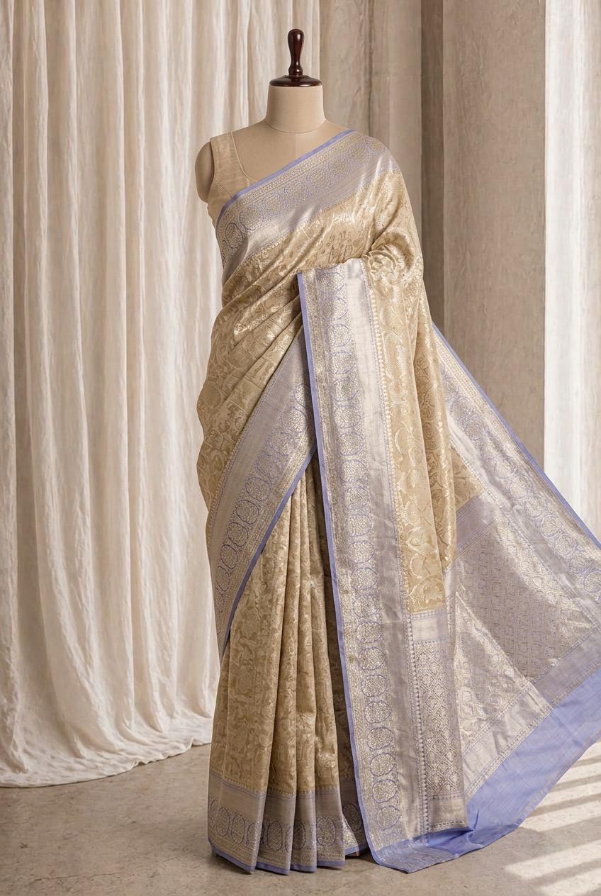 Elegant Banarasi Brocade  Silk Fabric and Grey Blue Color Weaving Print Saree