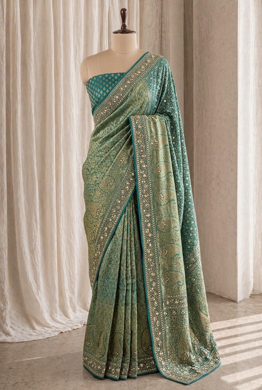 Elegant Banarasi Brocade  Silk Fabric and Aqua Green Color Cut Dana Work Saree