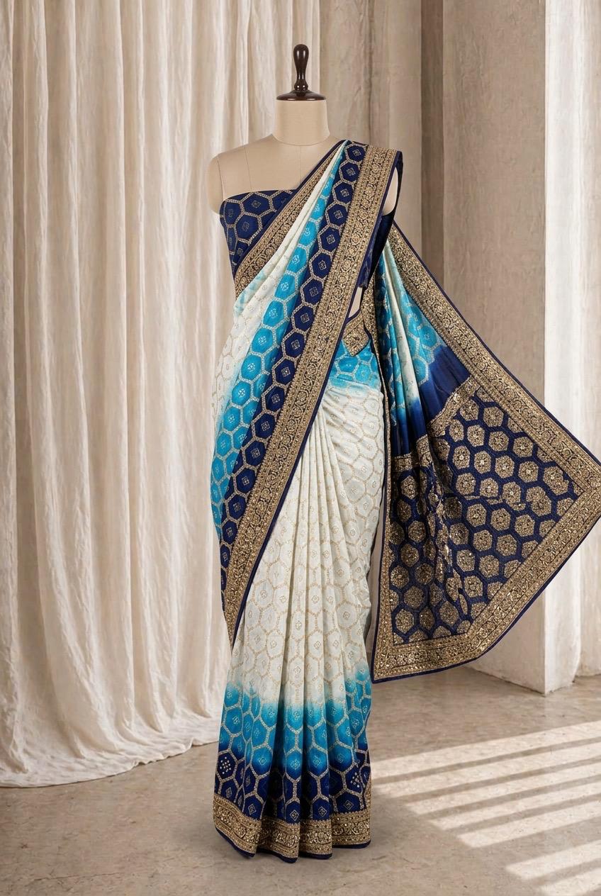 Lovely Banarasi Fabric and Navy Blue Color Bandhej Work Saree