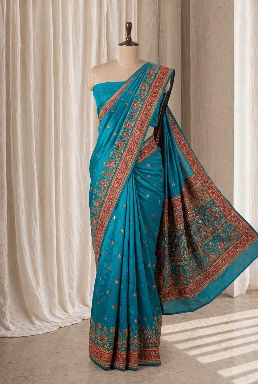Charming Crepe Silk Fabric and Aqua Blue Color Gota Patti Work Saree