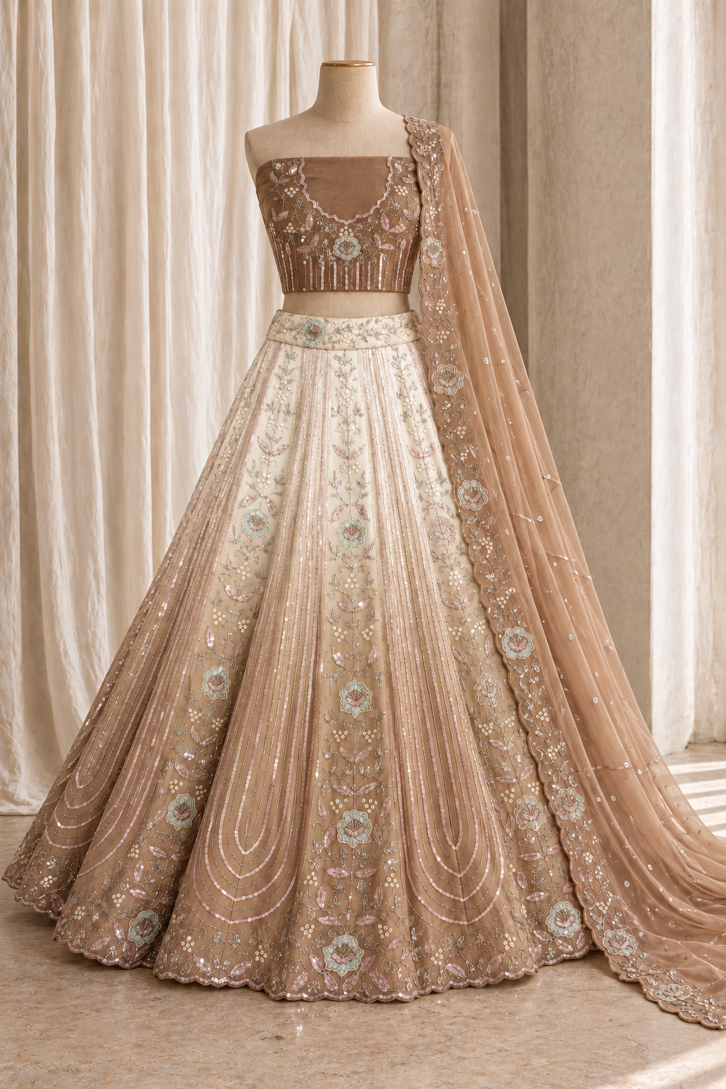 Ivory-to-Bronze Ombre Embroidered Lehenga