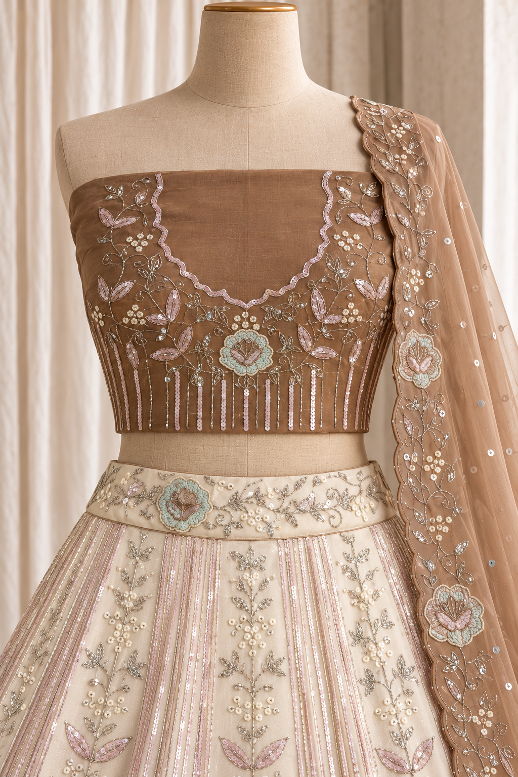 Ivory-to-Bronze Ombre Embroidered Lehenga