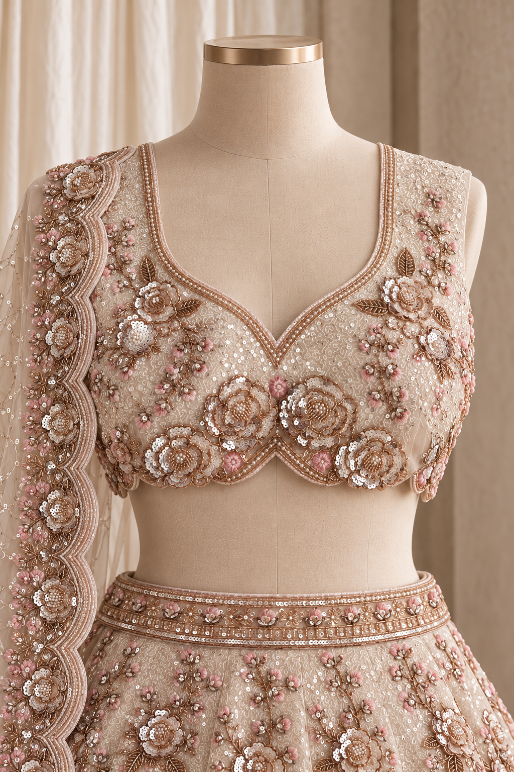 Ivory Champagne Lehenga with Floral Embroidery