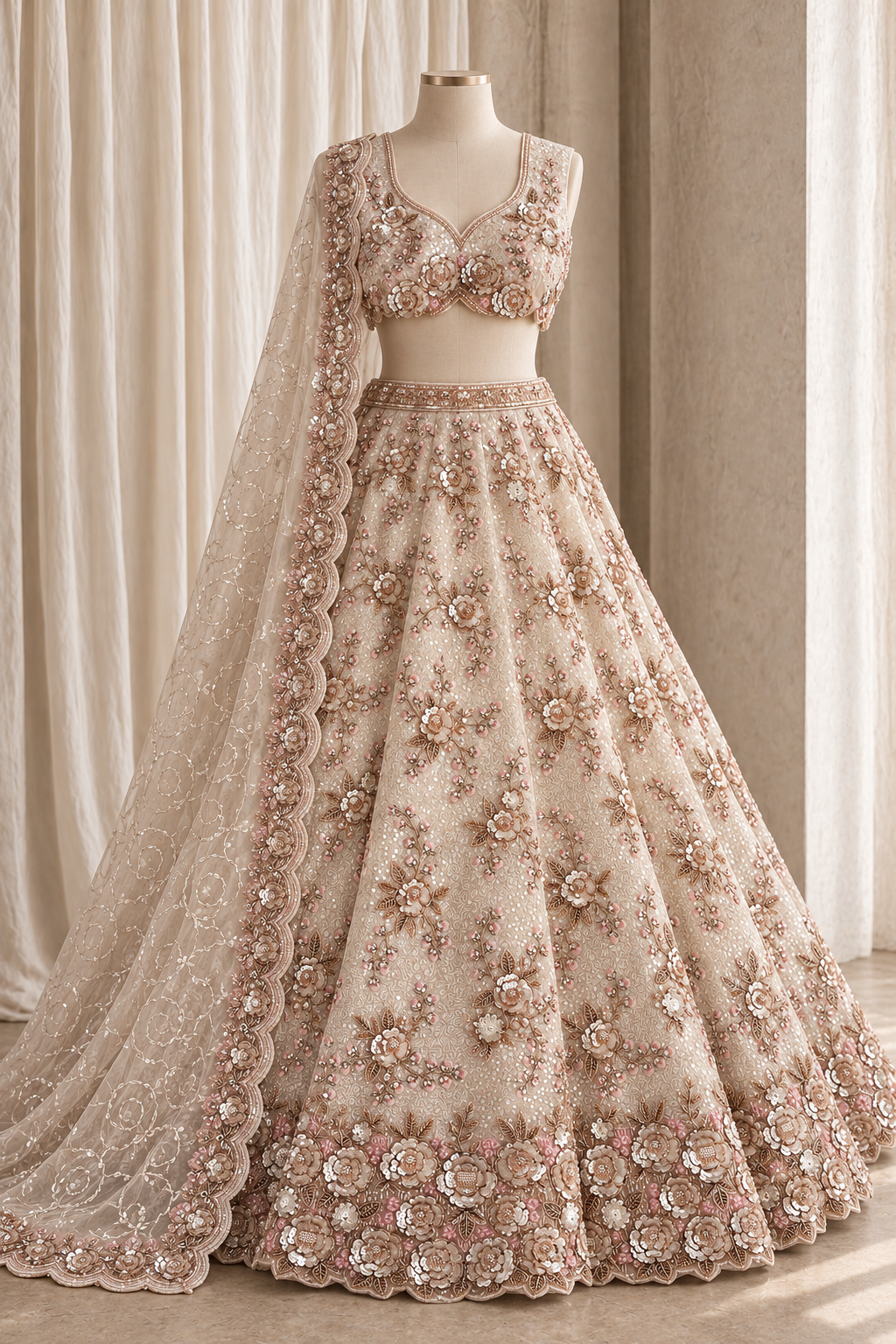 Ivory Champagne Lehenga with Floral Embroidery