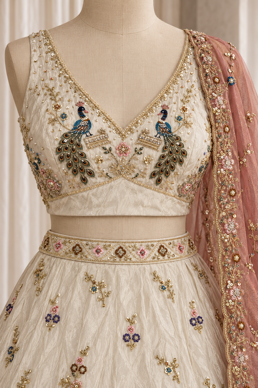 Wanderlust Tissue Silk Fabric and Ivory Color With Thread Work With Lehenga Choli