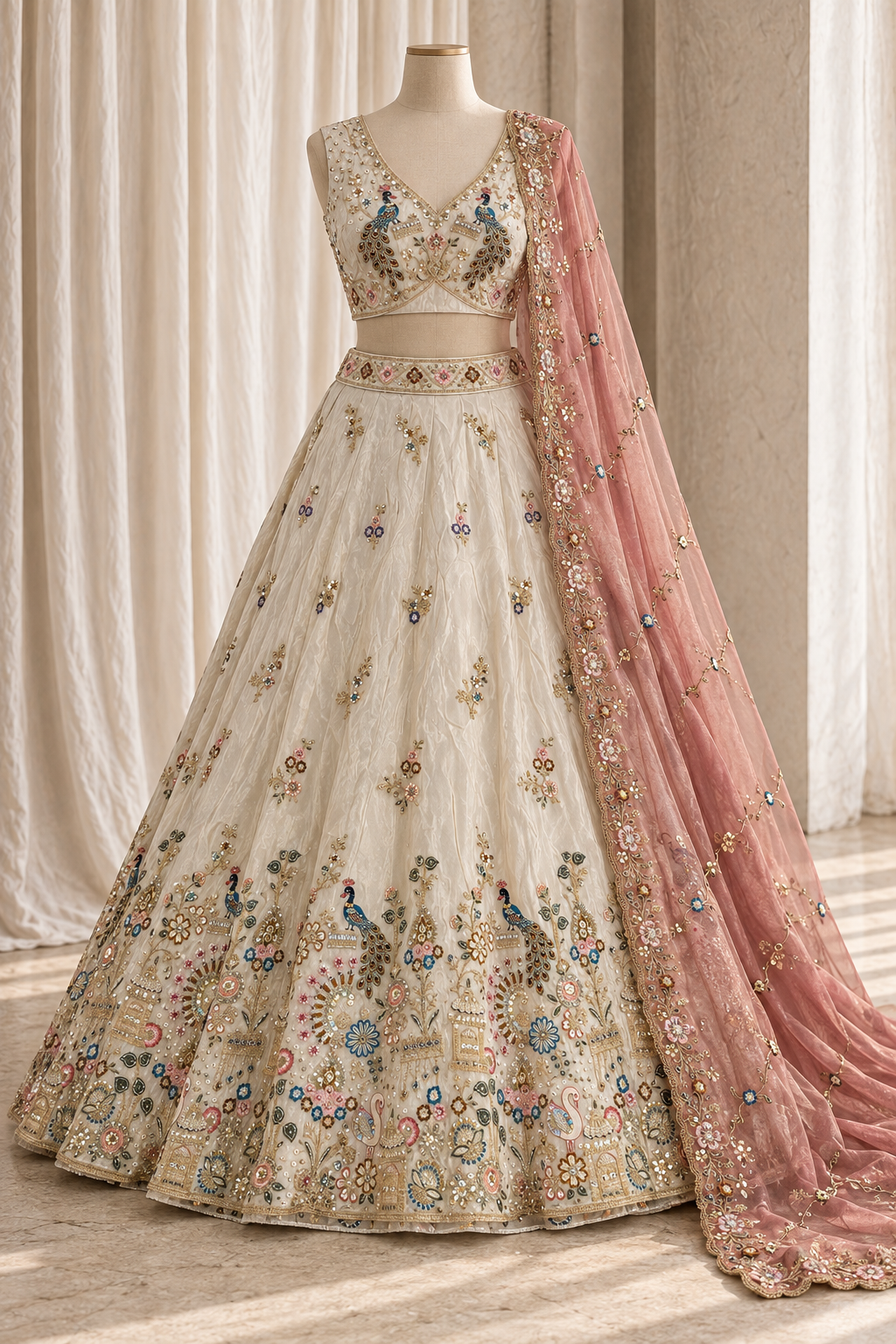 Wanderlust Tissue Silk Fabric and Ivory Color With Thread Work With Lehenga Choli