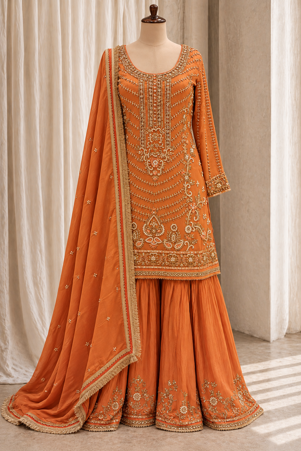 Ravishing Luxurious orange embroidered Gharara set