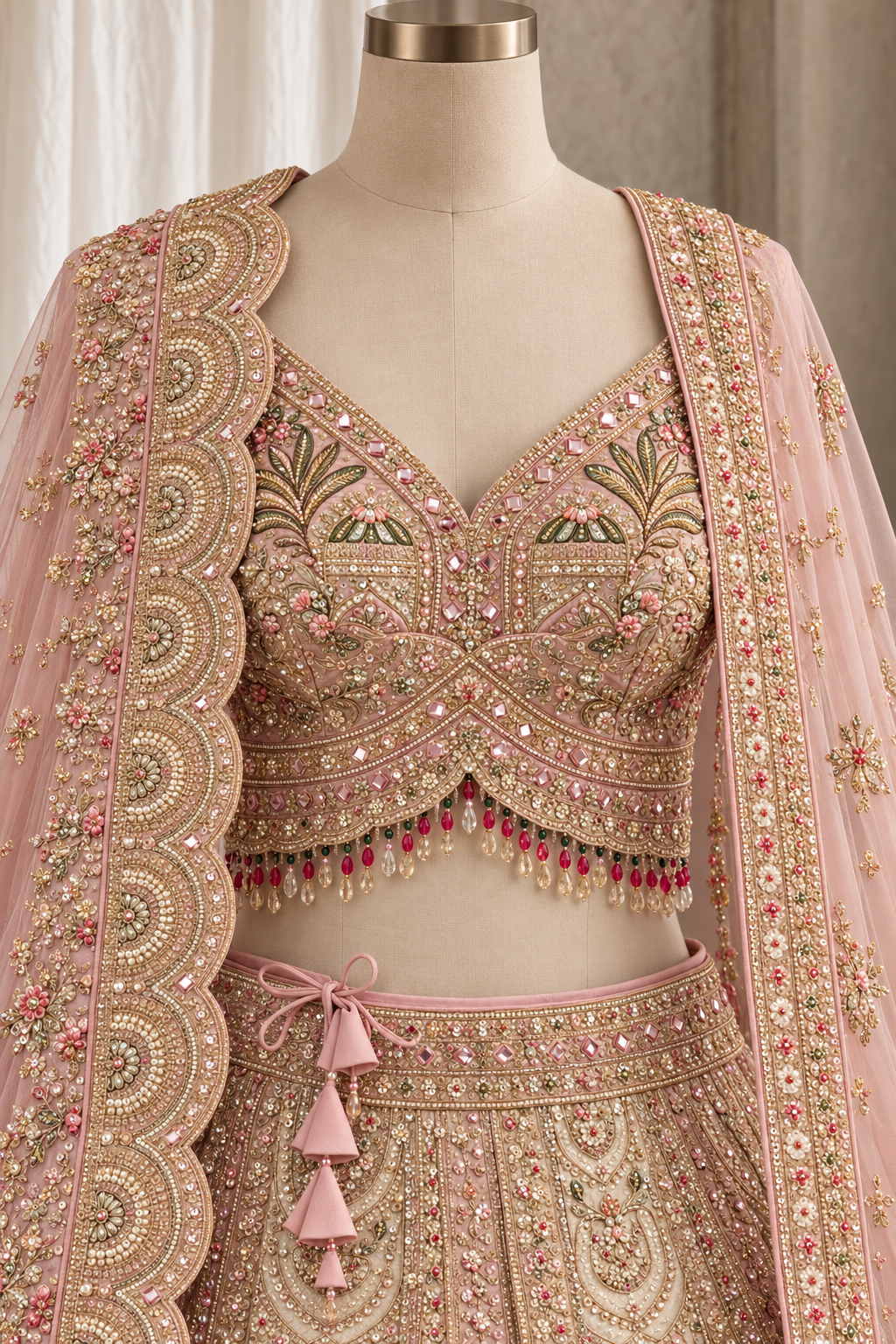 Wonderful Dupion Silk Fabric and Pink Beige Color With Thread Work With Lehenga Choli