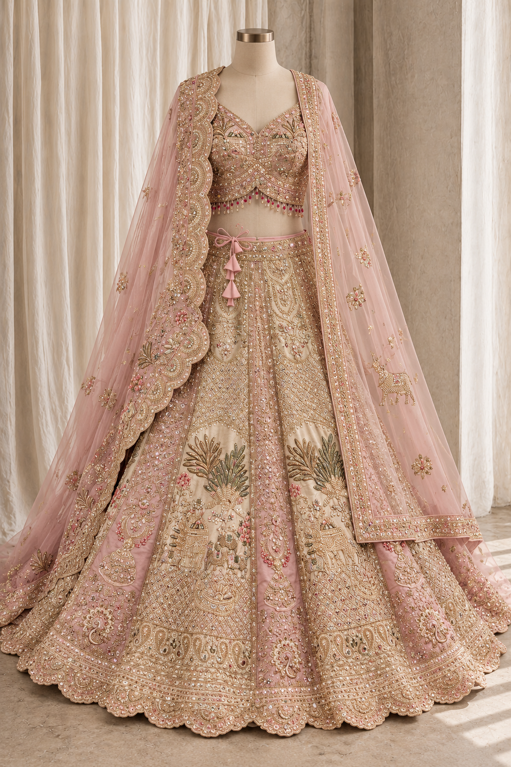 Wonderful Dupion Silk Fabric and Pink Beige Color With Thread Work With Lehenga Choli