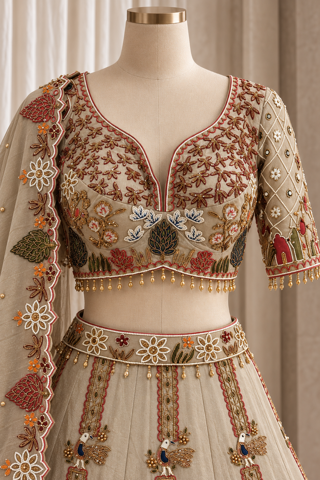 Amazing Tissue Silk Fabric and Beige Color With Mirror Work With Lehenga Choli
