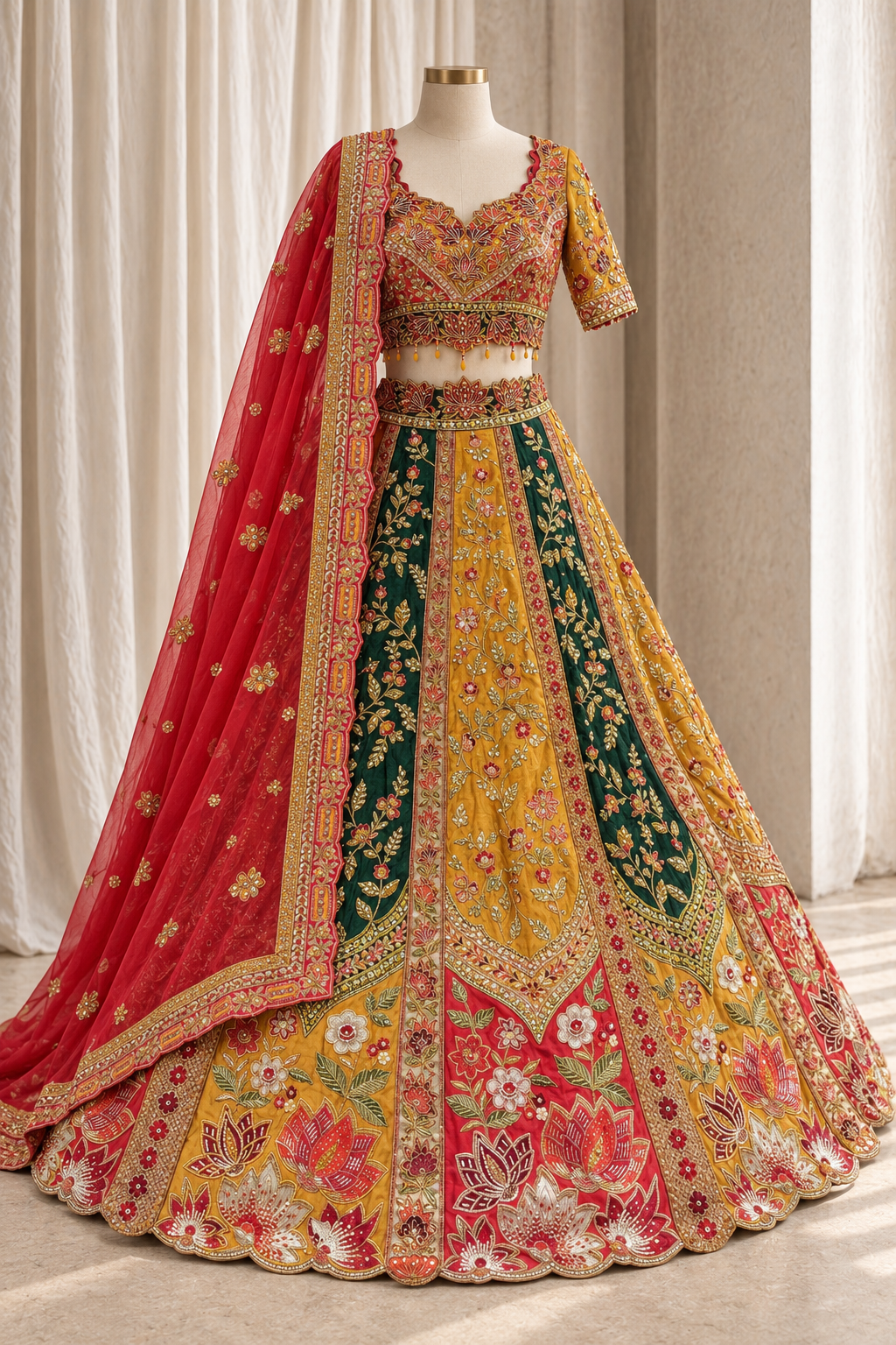 Dazzling Art Raw Silk Fabric and Green Mustard Color With Resham Embroidery Work With Lehenga Choli