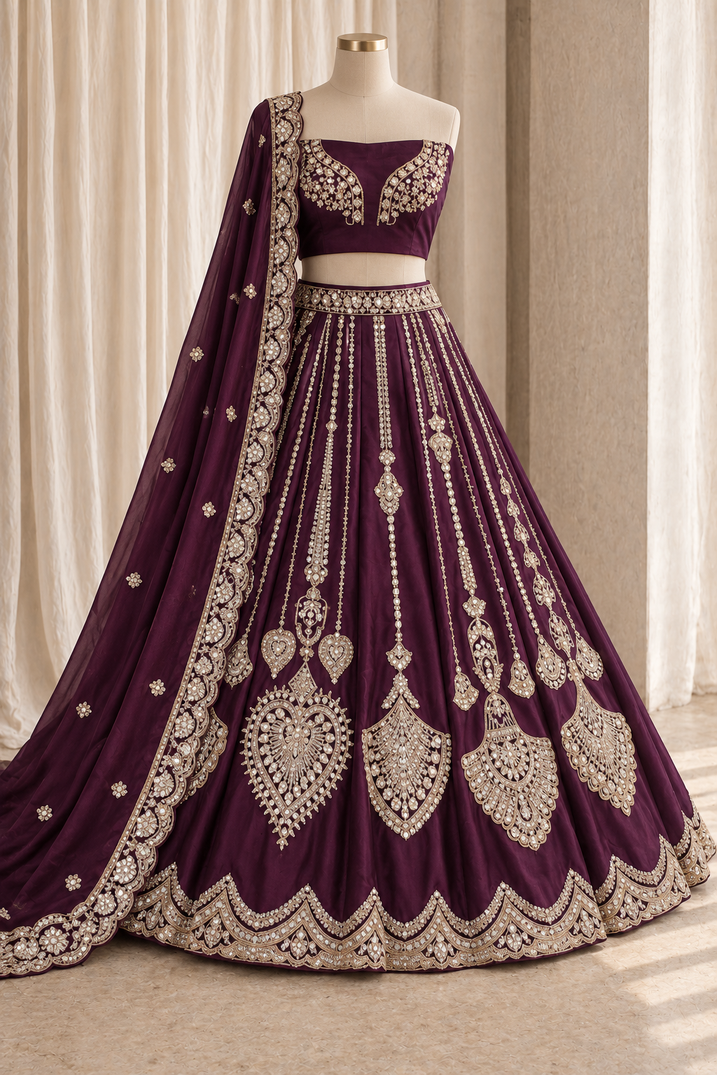 Luxury aubergine Wine lehenga with dupatta