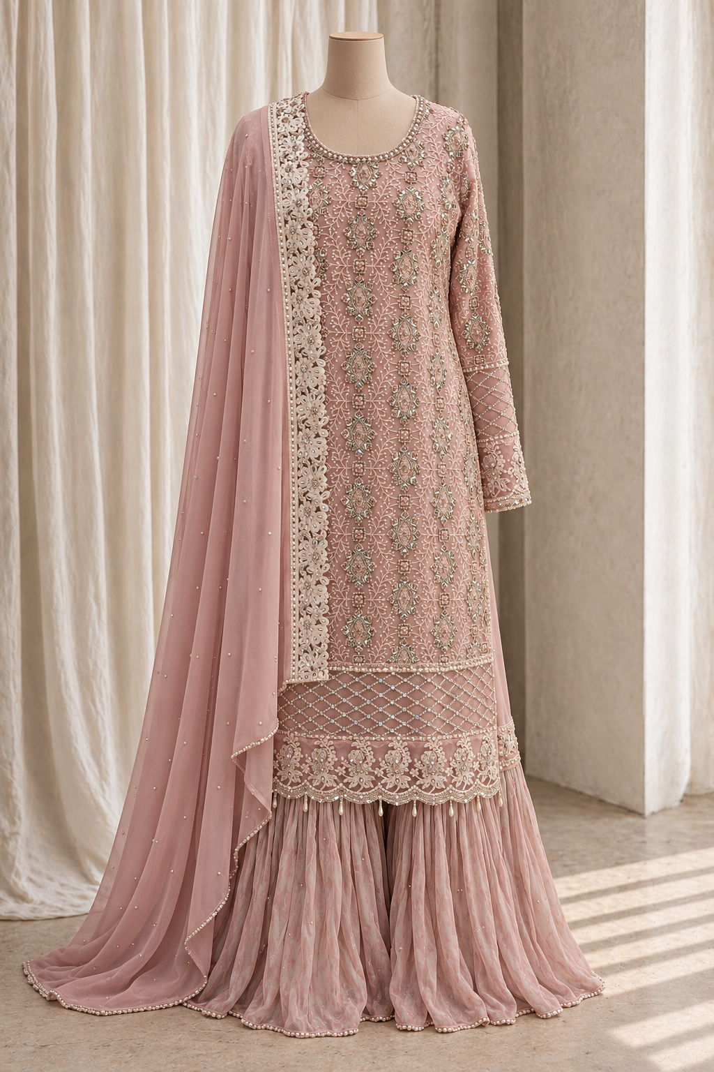 Beauteous Blush Pink Embroidered Gharara set