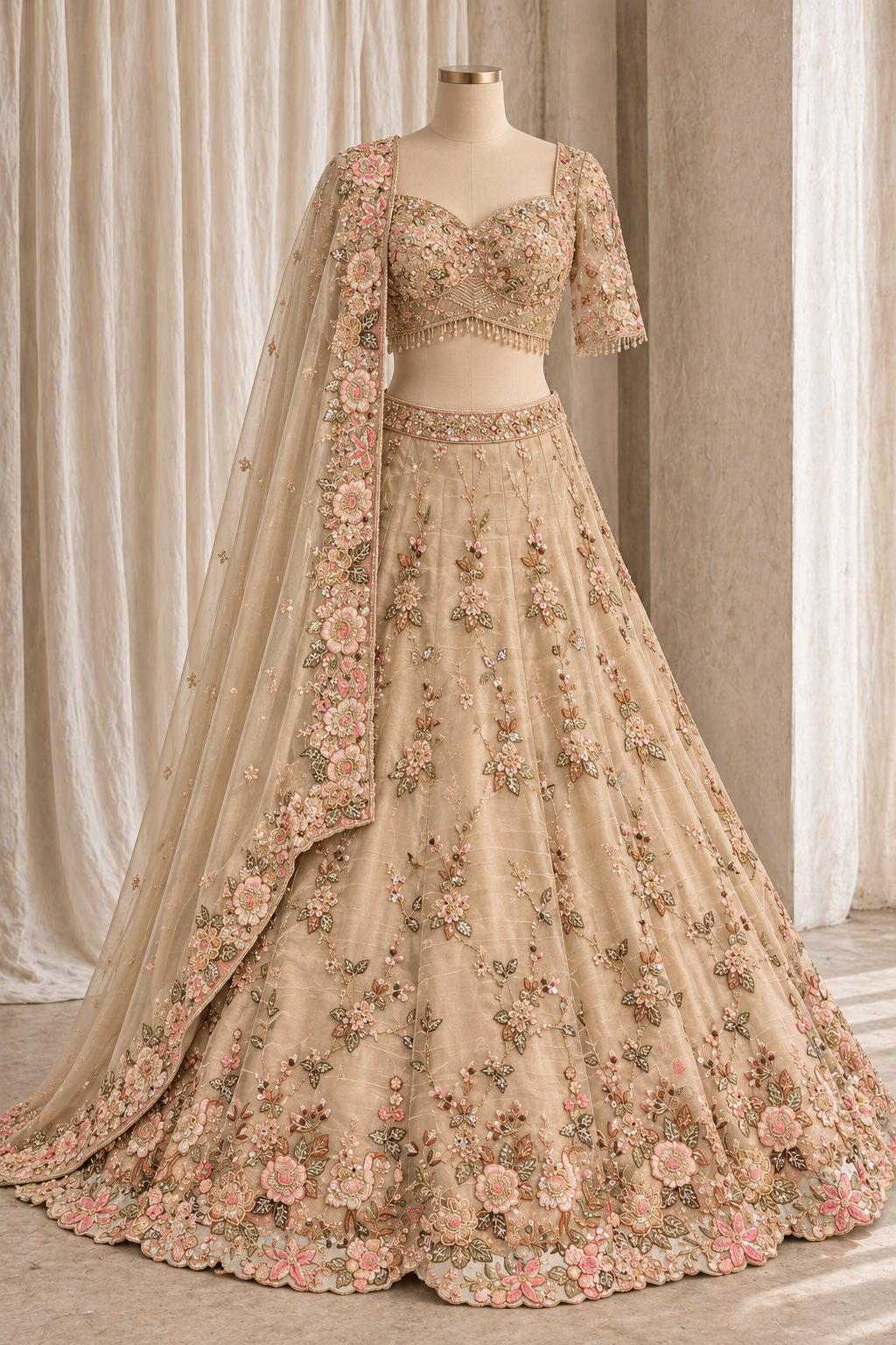 Likely Tissue Silk Fabric and Light Gold Color With Thread Work With Lehenga Choli