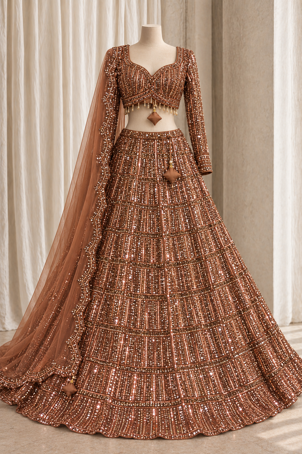 Beautiful Soft Net Fabric and Cupper Color With Diamond Work With Lehenga Choli