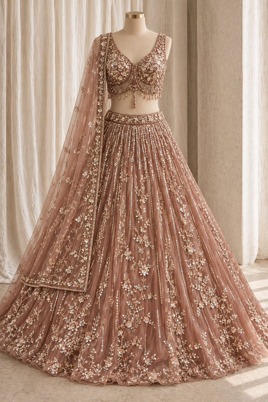 Brilliant Soft Net Fabric and Rose Gold Color With Sequins Work With Lehenga Choli